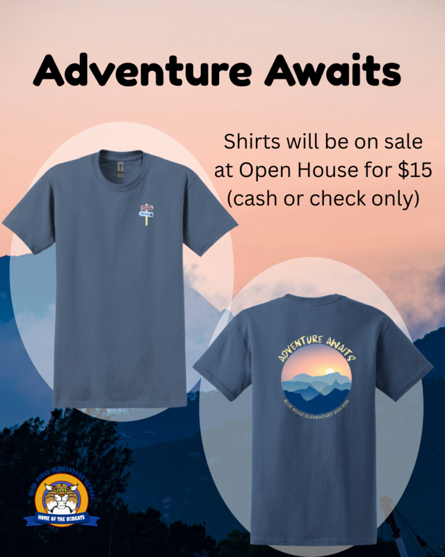 Mountain Background; blue t-shirt images; shirts available at open house