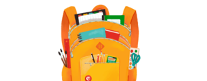 A bright orange backpack filled with school supplies and notebooks.