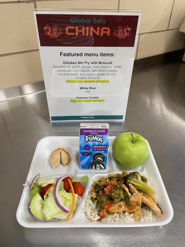 Tray of specially-made Chinese food for school lunch