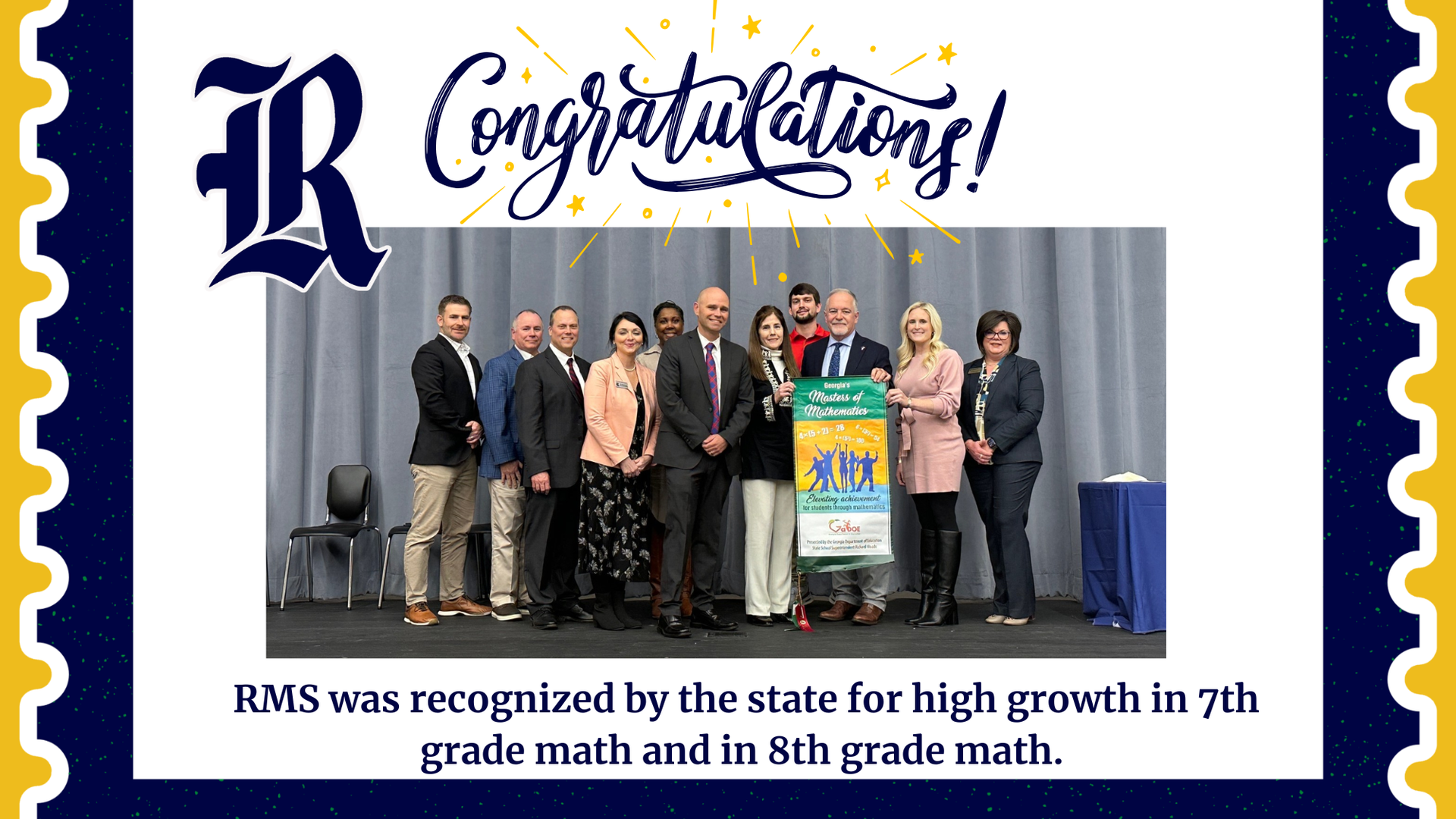 Group photo of RMS staff celebrating recognition for high growth in math.