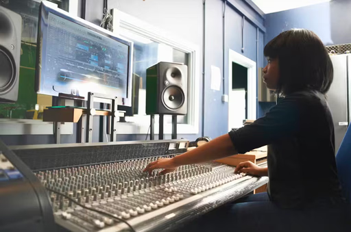 Young Black woman in music studio working on a soundboard