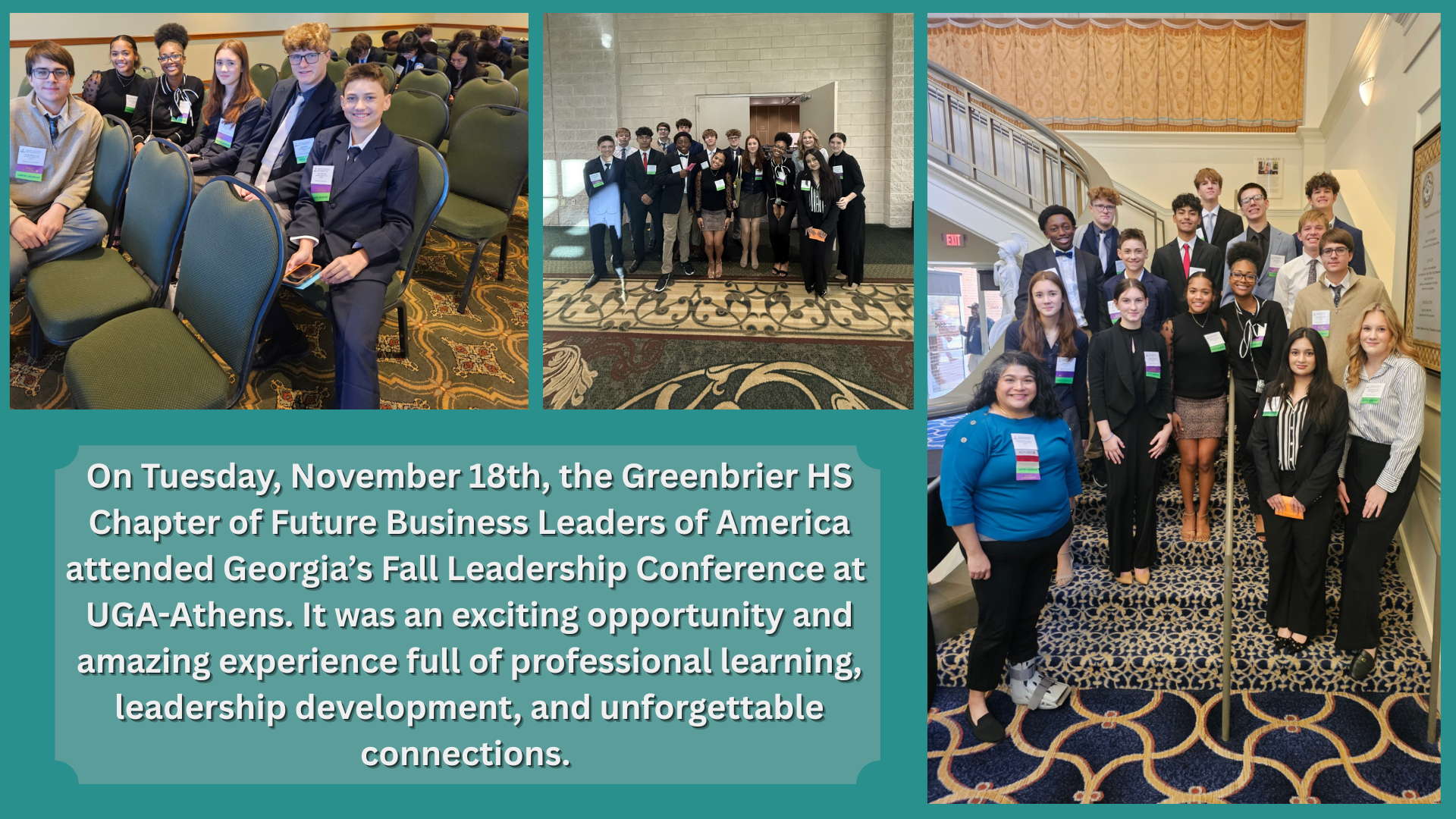 Group of students at a leadership conference, posing for a photo together.