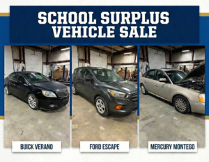 collage of three vehicles. Banner 'School Vehicle Sale'. Buick Verano, Ford Escape, Mercury Montego.