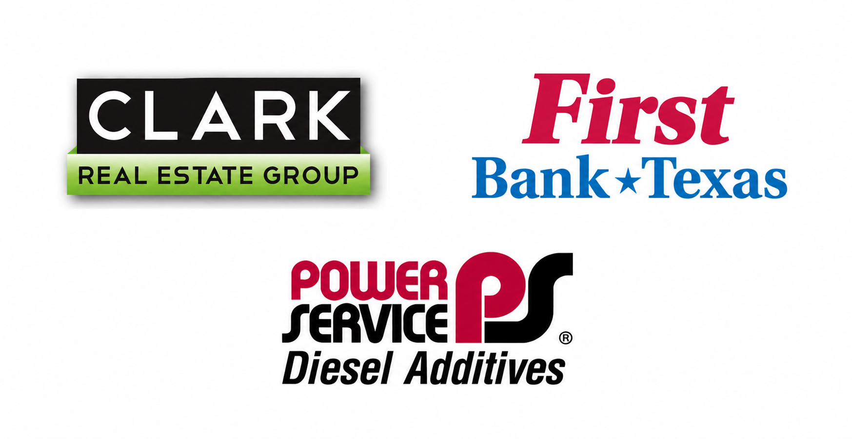 Anchor sponsor logos: Clark Real Estate Group, First Bank Texas, and Power Service Products