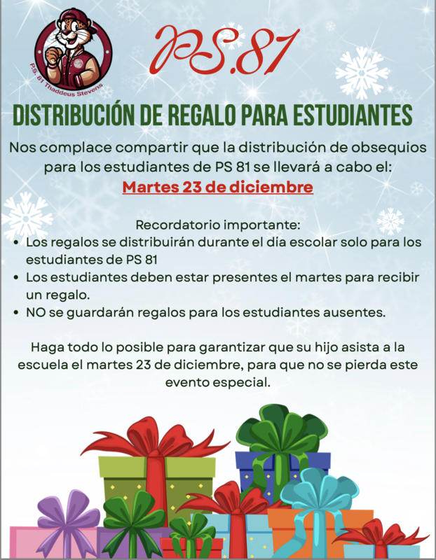 P.S. 81 student gift distribution flyer. Spanish