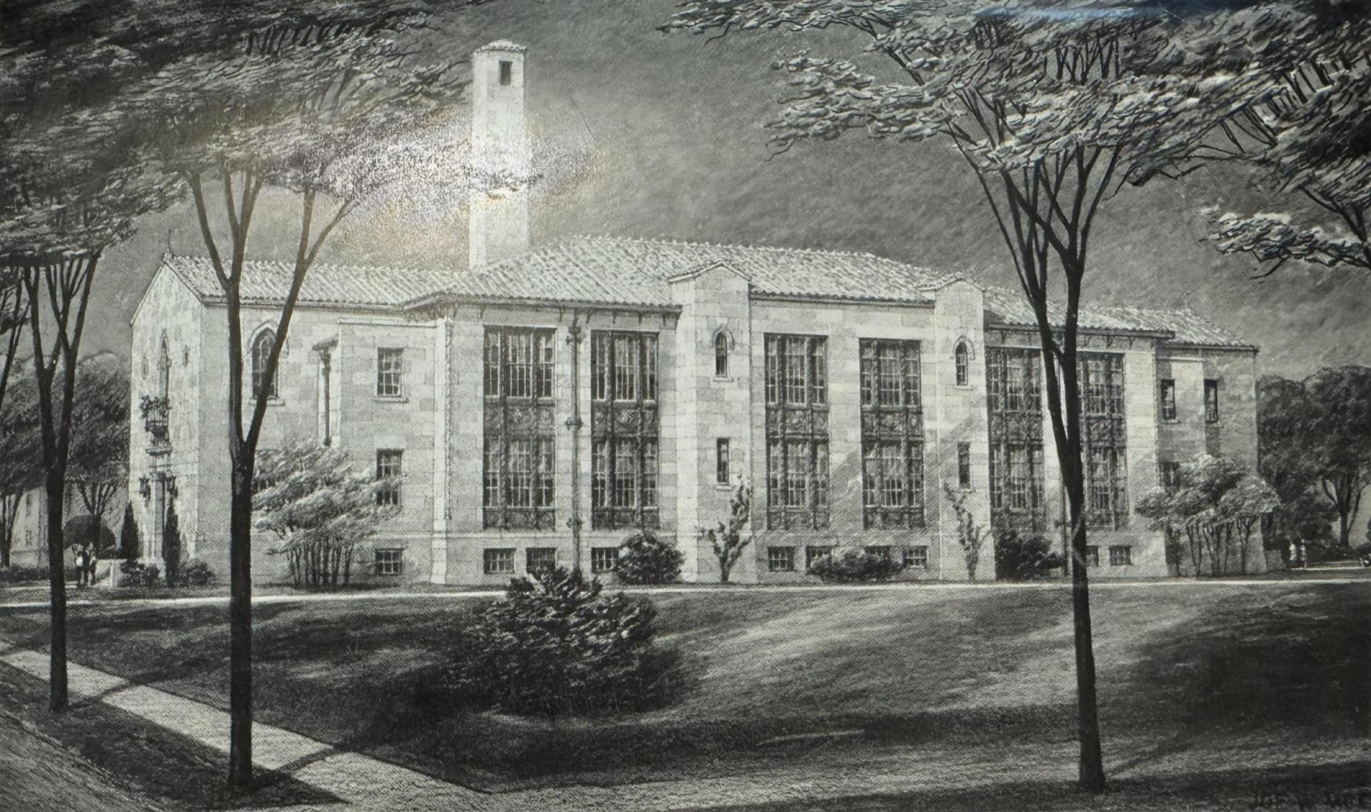 Drawing of first school building.
