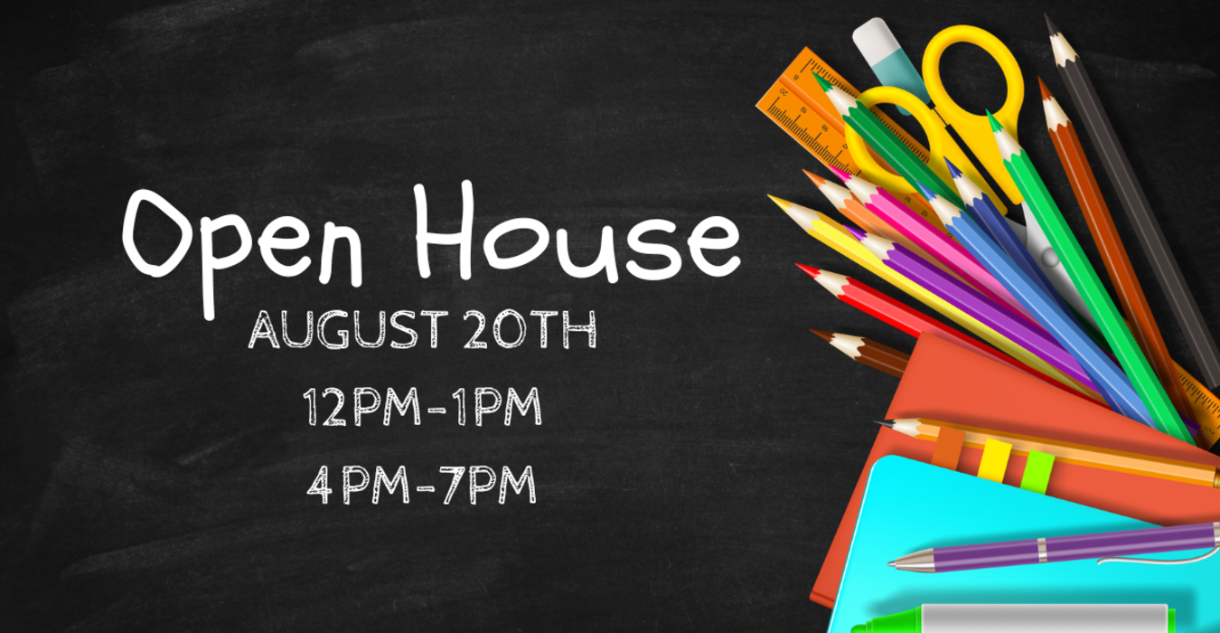 Colorful school supplies with open house event details on a chalkboard background.