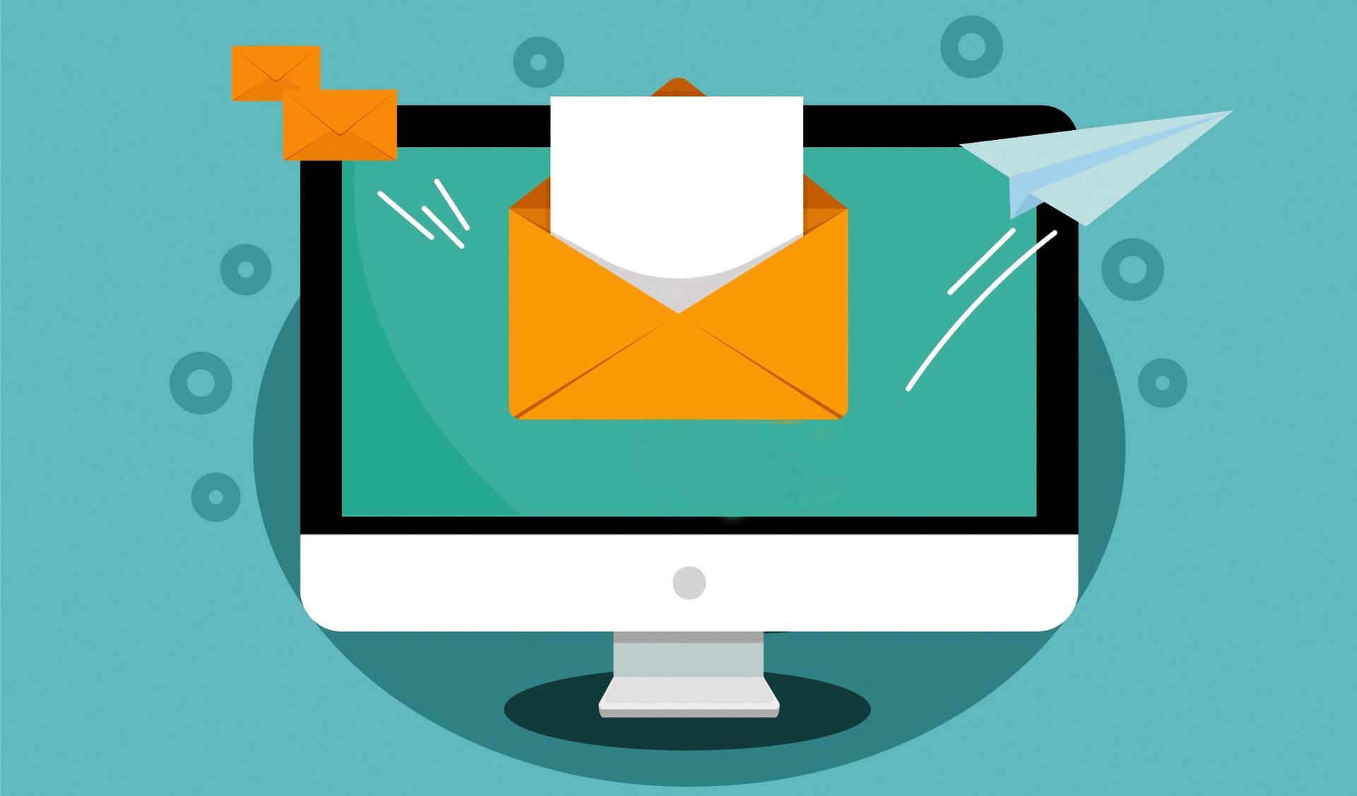 Subscribe button with cursor on the computer screen. Open message with document. Paper airplane icon.