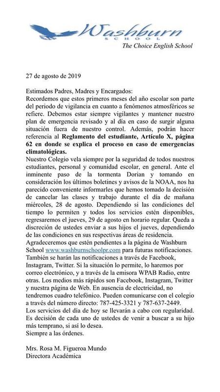 Washburn School will be closed tomorrow, Wednesday, August 28 due to Tropical Storm Dorian