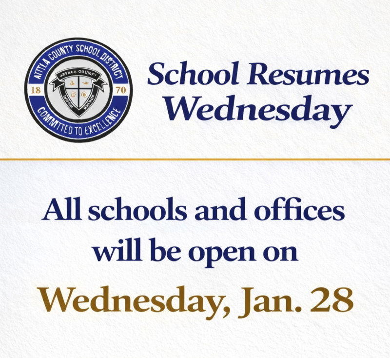 Good news! School Resumes Tomorrow, Wednesday, Jan. 28