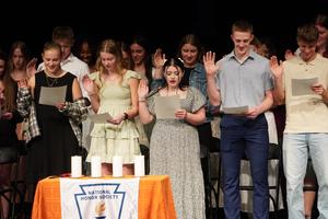 A group of students raise their hands as they recite the pledge of the NHS.