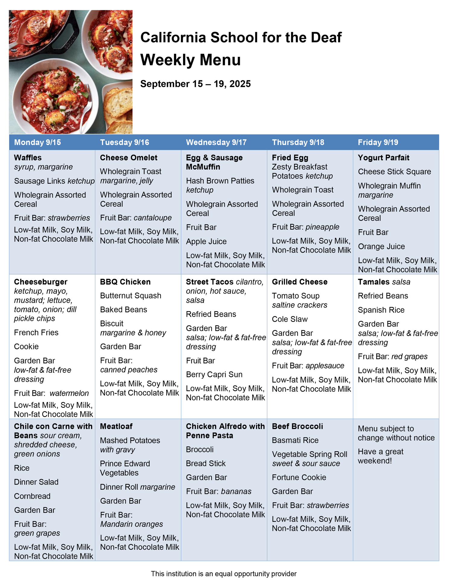 September 15-19 menu