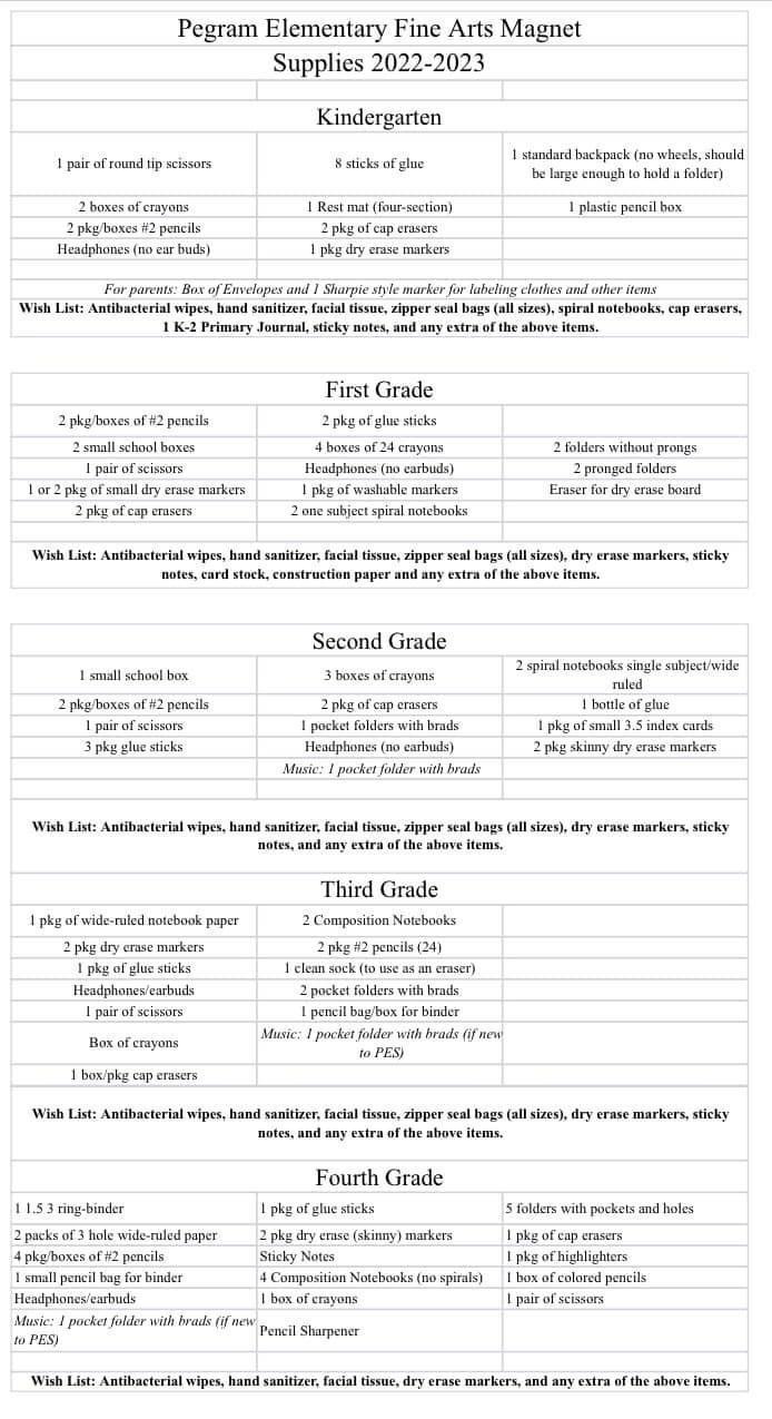School Supply Lists Pegram Elementary Fine Arts School