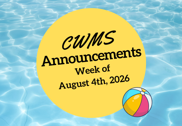 Pool backgroind with yellow circle advertising the weekly announcements for August 4th.
