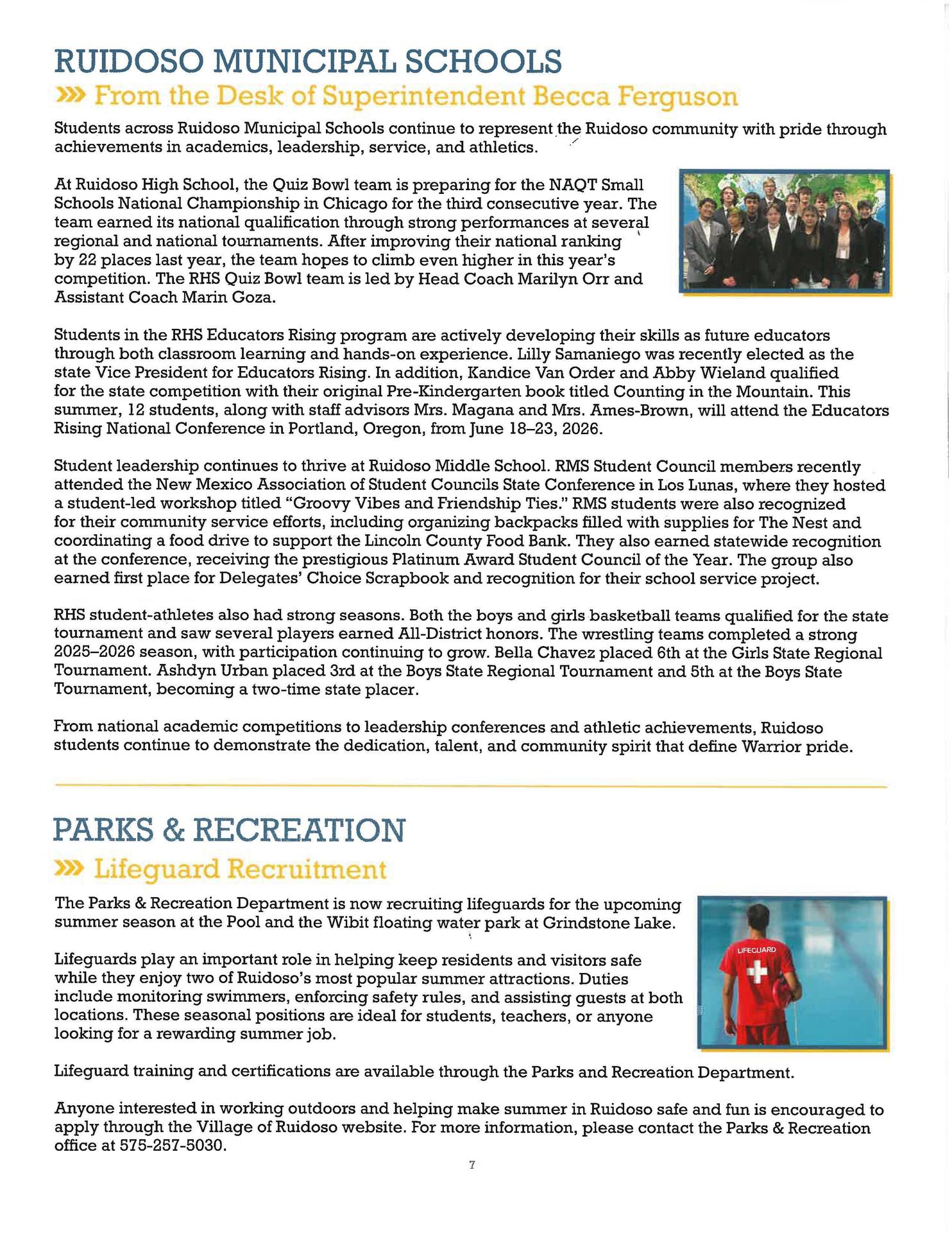 Newsletter from Ruidoso Municipal Schools highlighting achievements and events.