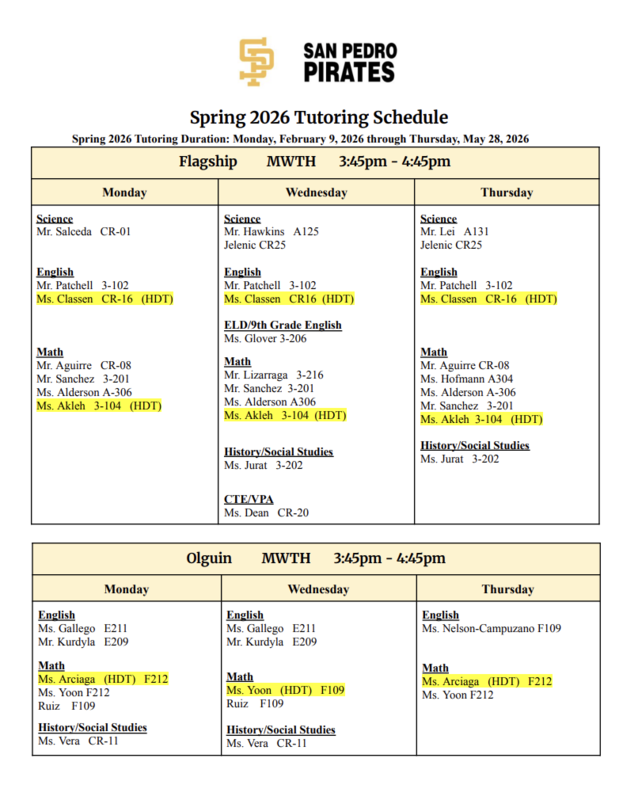 Spring 2026 After-School Tutoring Schedule
