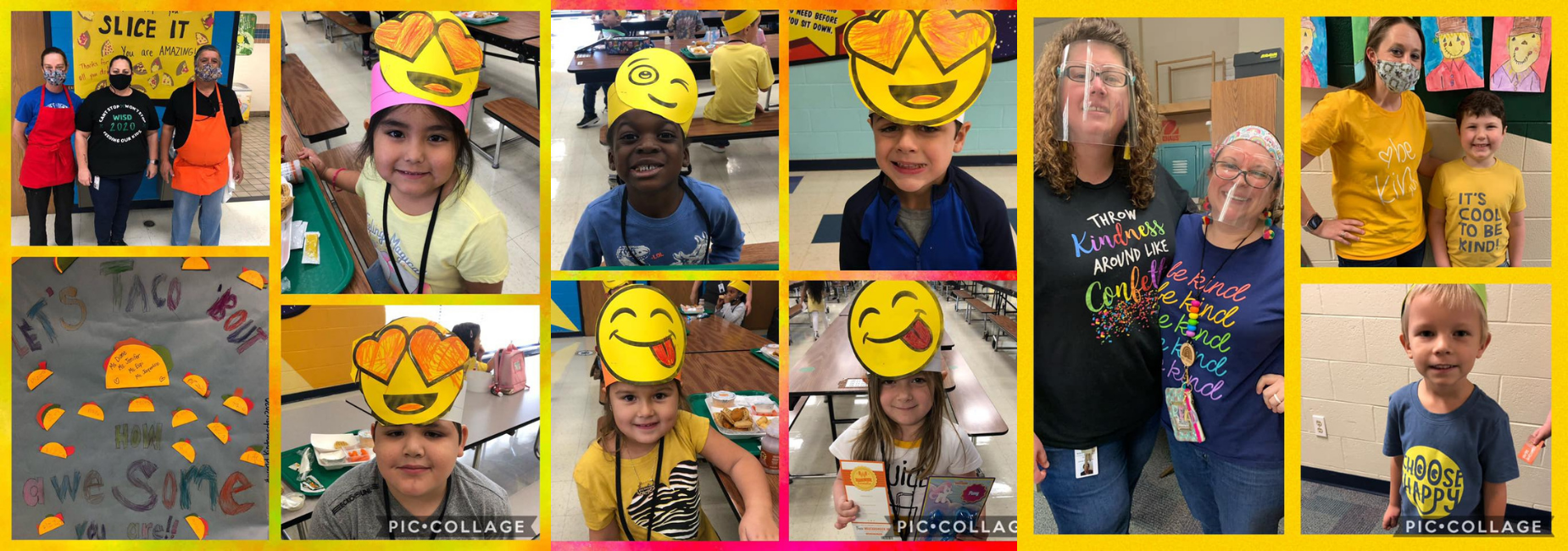 collage of pictures of students wearing smiley emoji headbands and kind shirts