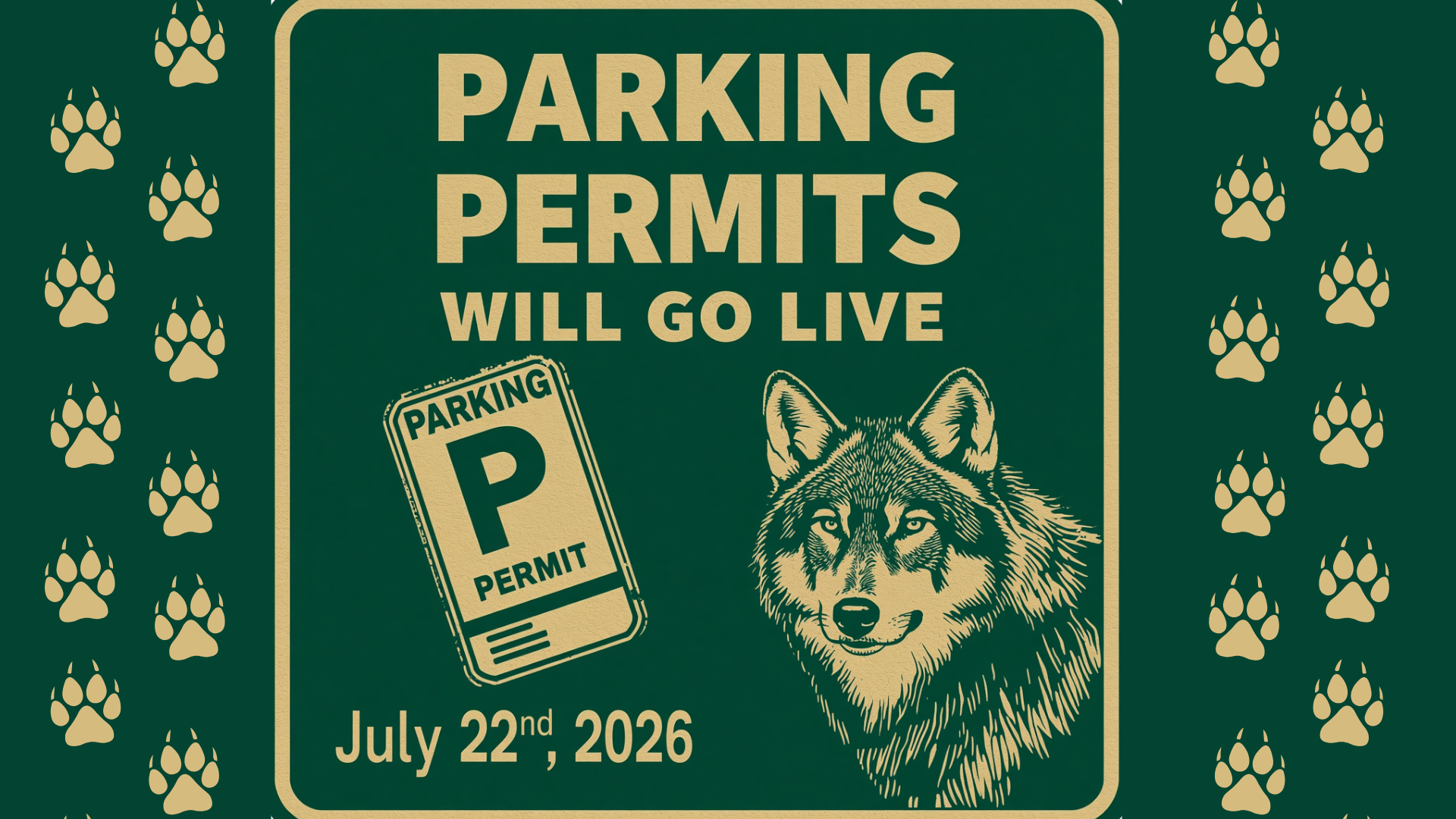 Green parking permit sign featuring a wolf and a permit card.