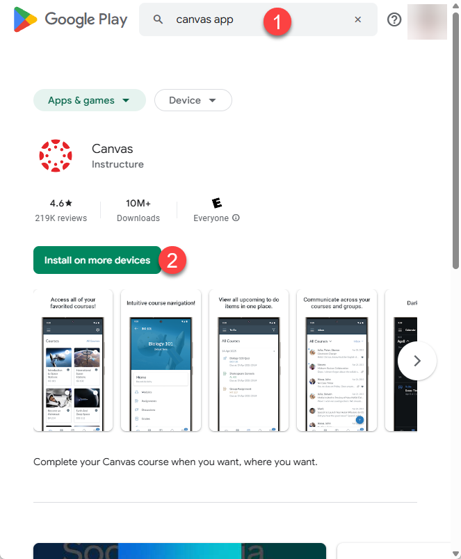 screenshot of Google Play to install Canvas app