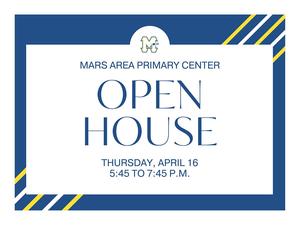 a blue background with yellow stripes and the words Open House