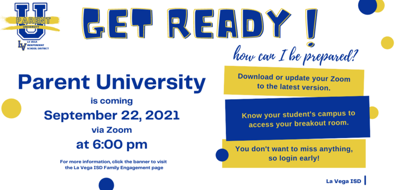 Join us for "Parent University" on September 22, 2021 via Zoom. The main session begins at 6:00 pm followed by five concurrent breakout sessions for each campus. Thumbnail Image