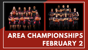 Area Championships February 2: the MS girls team and Varsity boys team pose with basketballs and uniforms