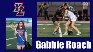 Alt text: "Lacrosse collage featuring a player in a red and blue uniform holding a stick, and an action shot of a face-off on the field. Team logo and 'Gabbie Roach' text included."