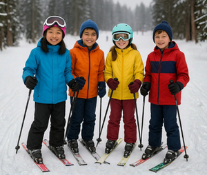 Four elementary school children standing together on skis in a snowy winter scene