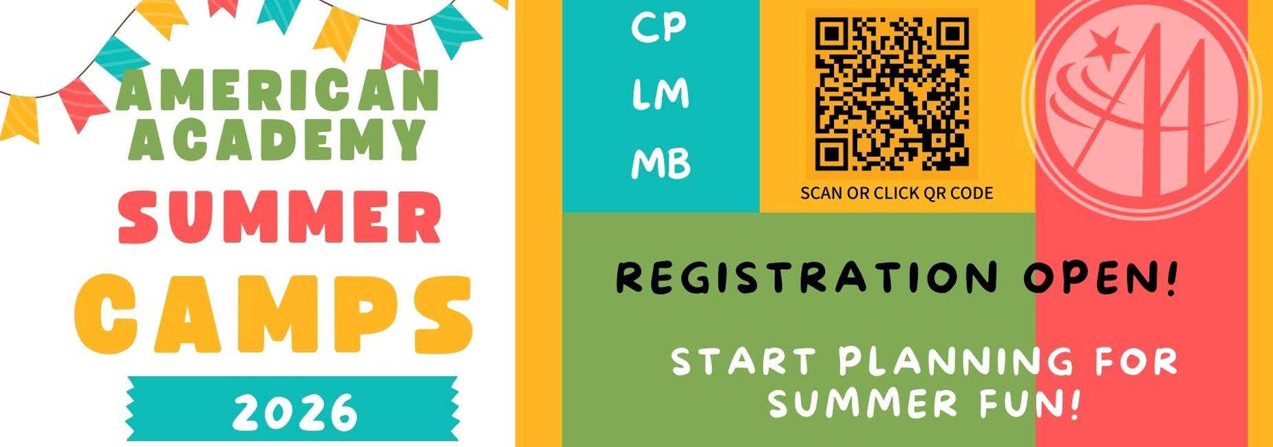 Colorful summer camp registration banner with playful design and QR code.