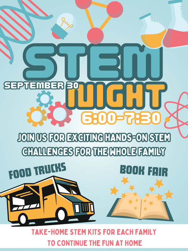 Event flyer for STEM Night featuring food trucks and a book fair.
