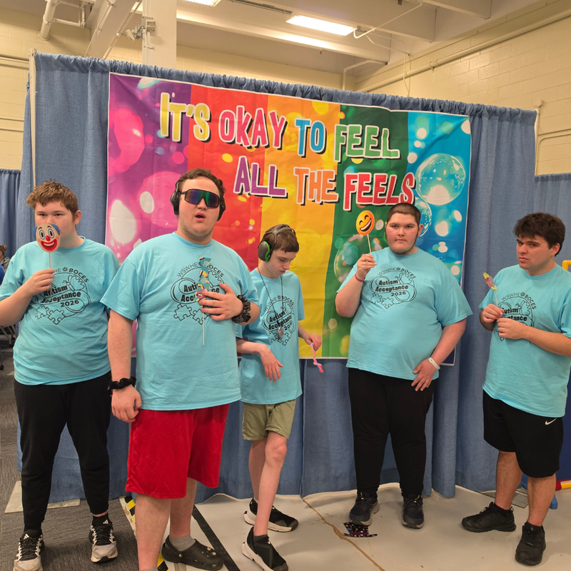 5 students in the BEARS program with their Autism Acceptance shirts on