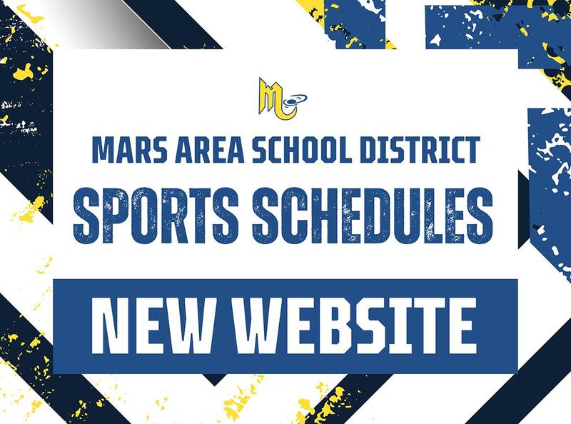 Text promoting the Mars Area School District sports schedules and new website.
