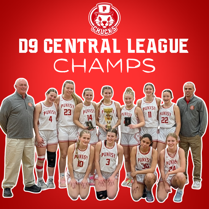 red background with cropped photo of girls basketball team and coaches