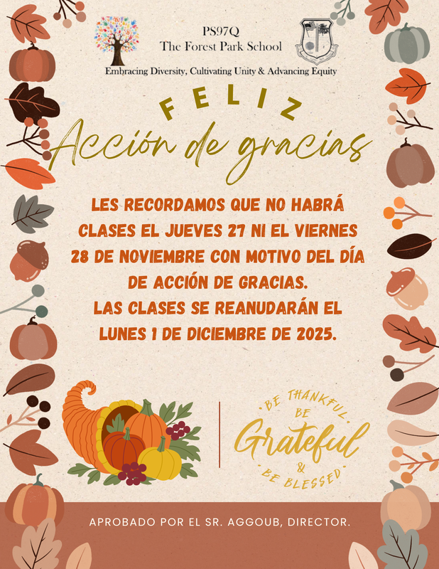 Announcement in Spanish for Thanksgiving with seasonal decorations and a similar layout.