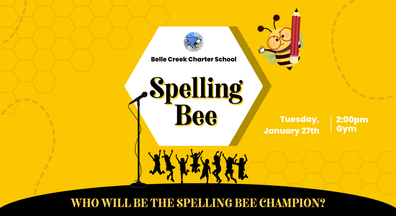 Stage and microphone with students jumping. Information about the spelling bee