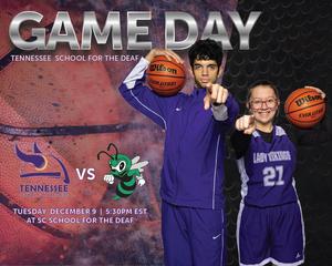 Game day poster featuring basketball players and event details for Tennessee School for the Deaf.