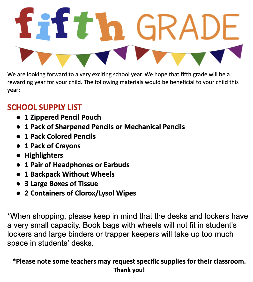 5th Grade Supplies List