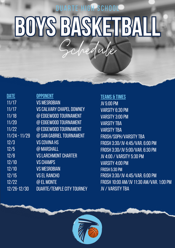Boys basketball schedule with match details for Duarte High School.