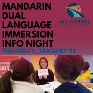 Mandarin Dual Language Immersion Info Night invitation with a smiling presenter and children.