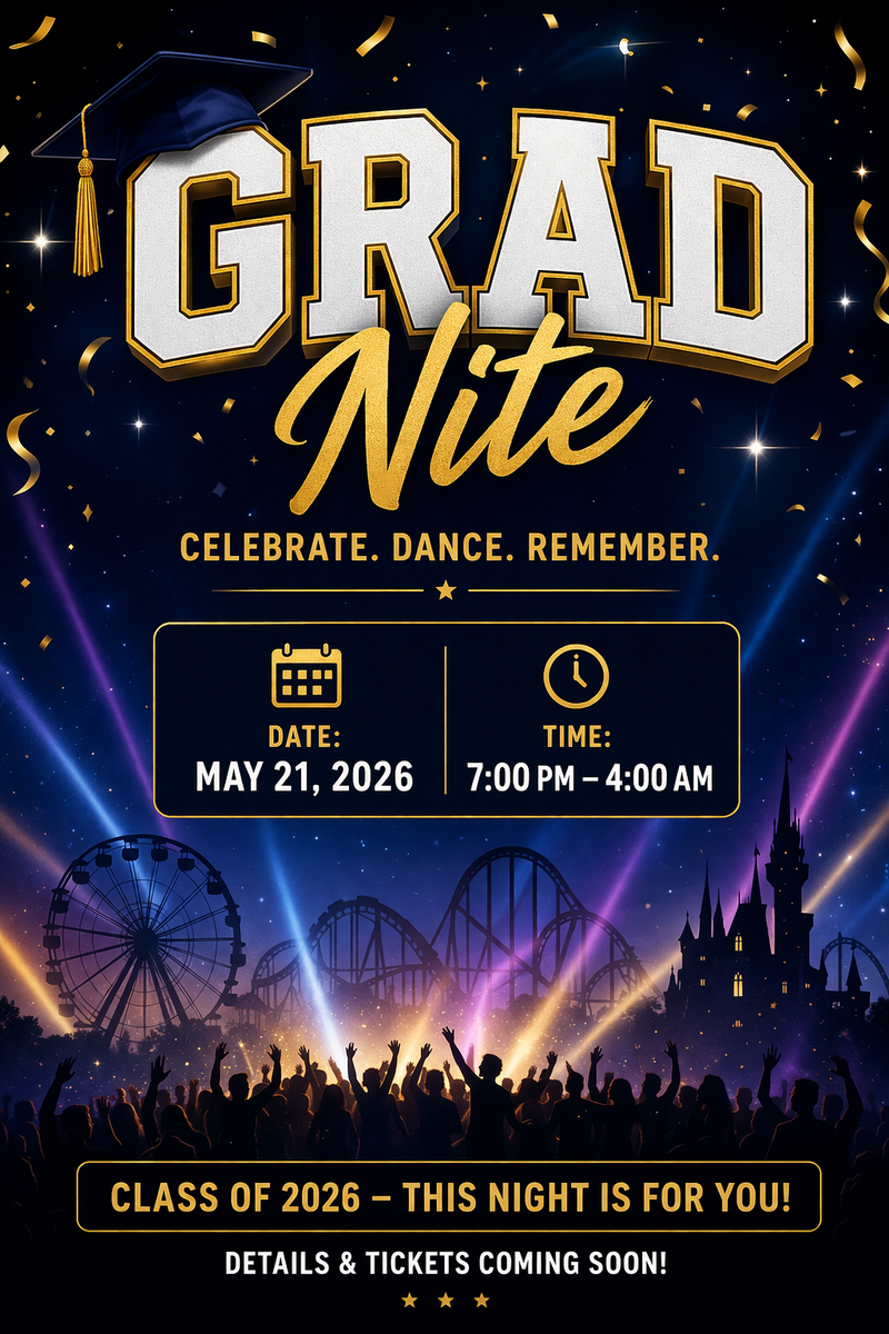 Event poster for a graduation celebration featuring a night scene with fireworks.