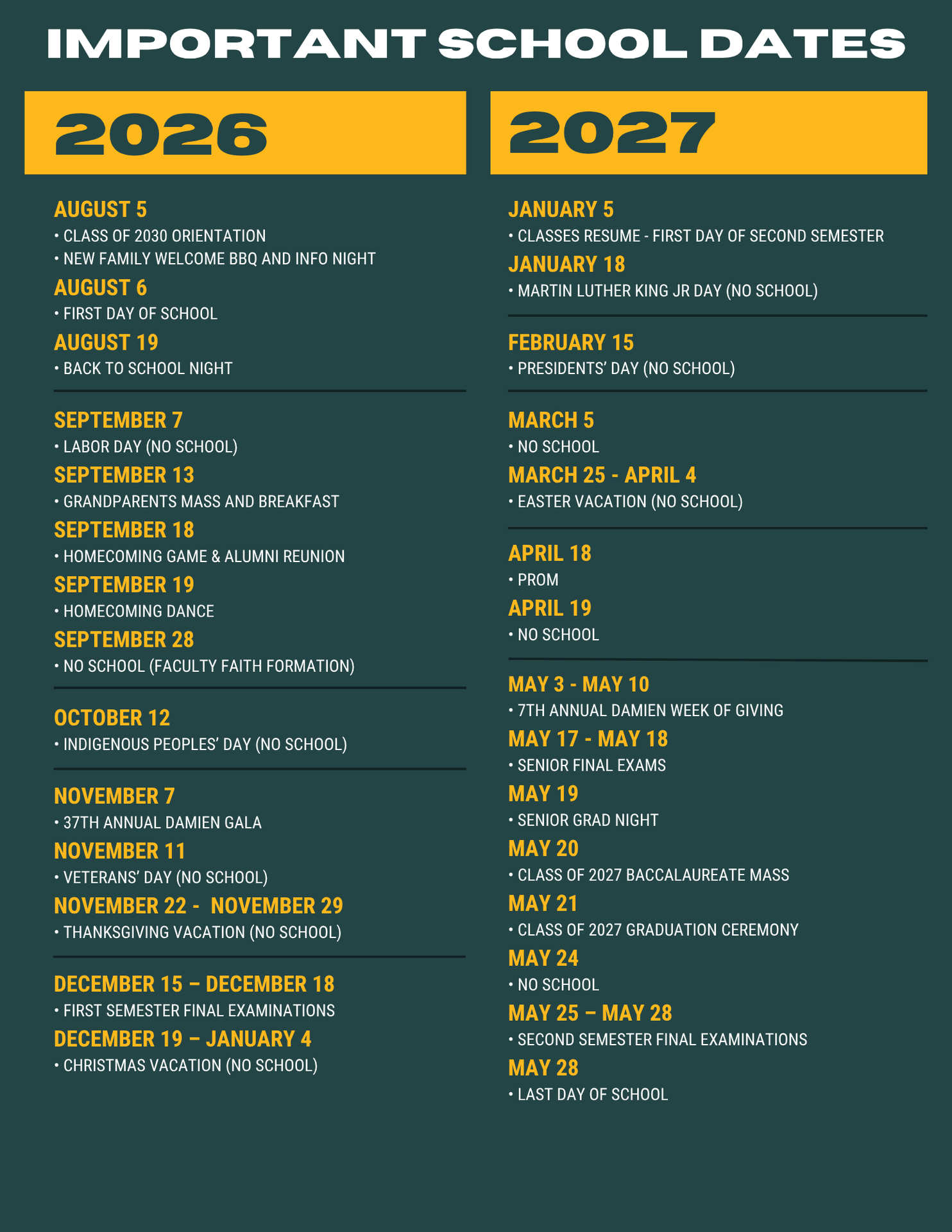 2026-2027 Overview Calendar with important listed dates