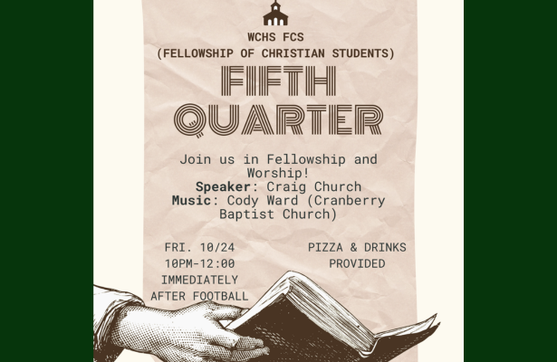 Event flyer for Fellowship of Christian Students with details on Fifth Quarter gathering.