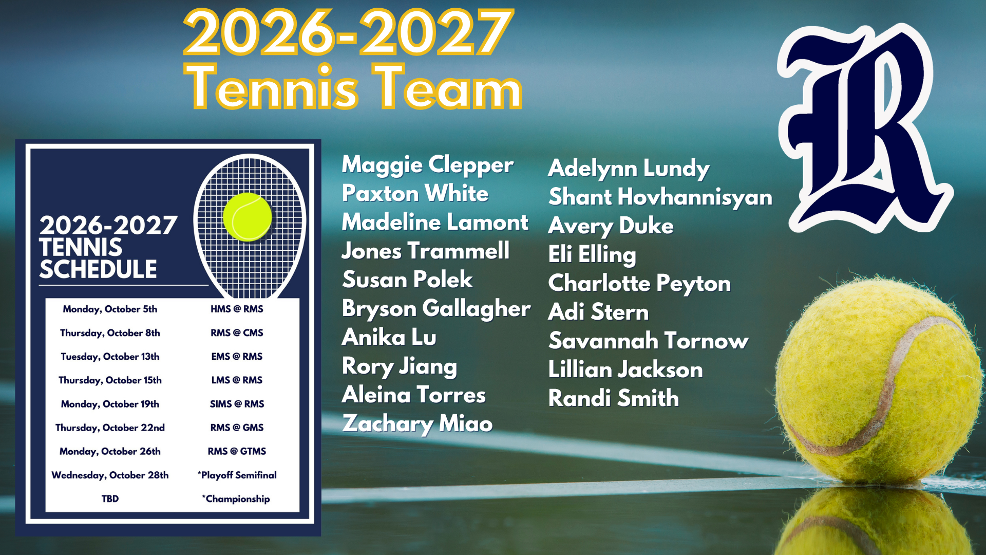 Tennis team roster and schedule for 2026-2027 season with a tennis ball graphic.