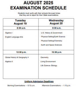 August 2025 Regents Exams schedule