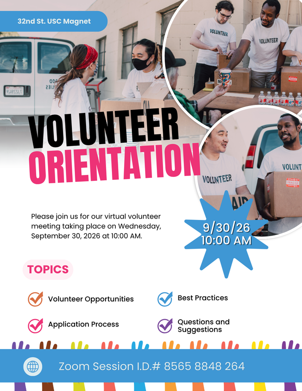 Flyer with information for the volunteer orientation meeting