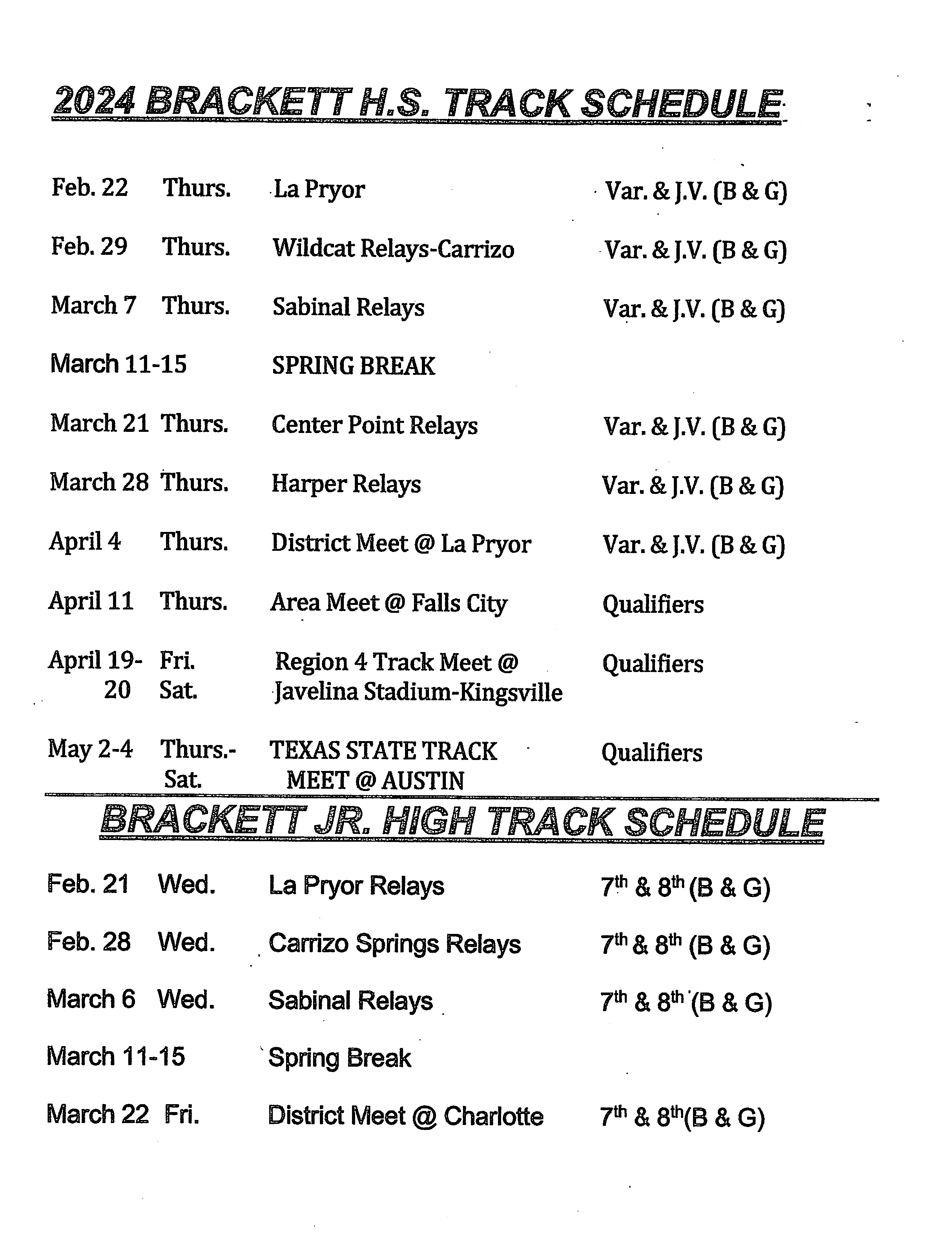 All Sports Sports Calendars Brackett Independent School District