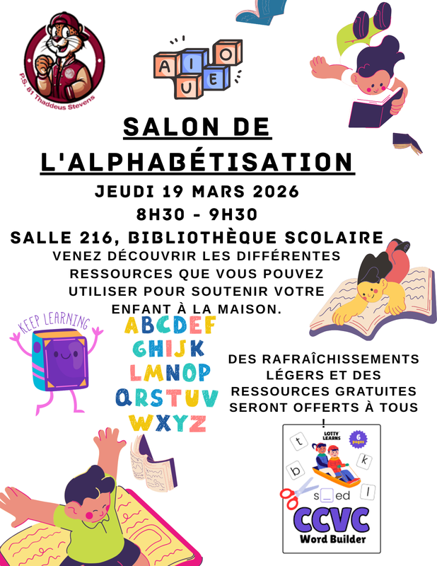 P.S. 81 Literacy Expo Flyer. Thursday, March 19, 2026. French