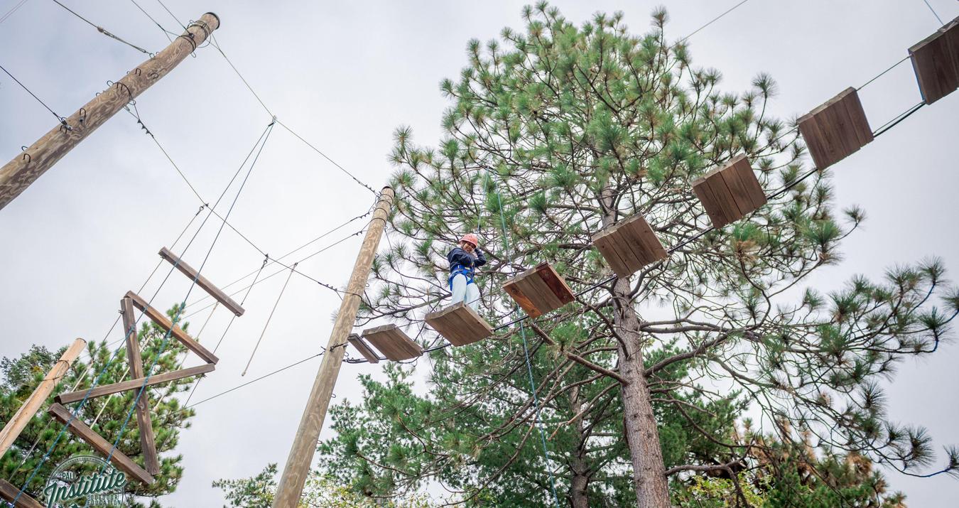 A person navigating a high ropes course among trees.