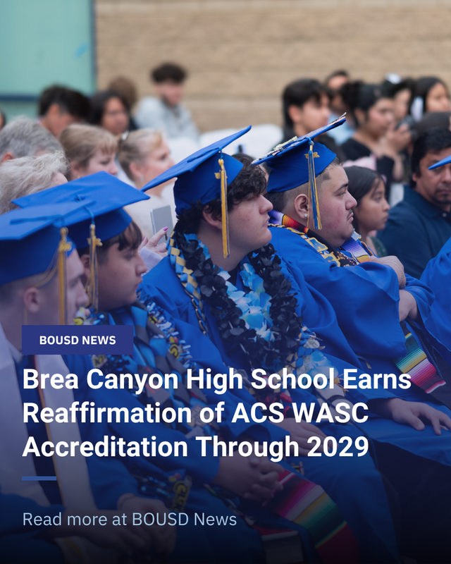photo of graduates with blue regalia. Text on image states the headline of the story and 