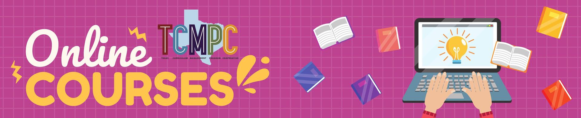 Online Courses banner for TCMPC featuring books, a laptop, and a lightbulb graphic.